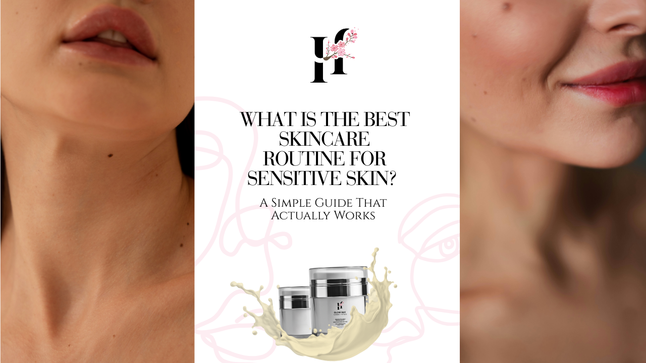 Promotional graphic highlighting what is the best skincare routine for sensitive skin, featuring product containers and glowing skin results.