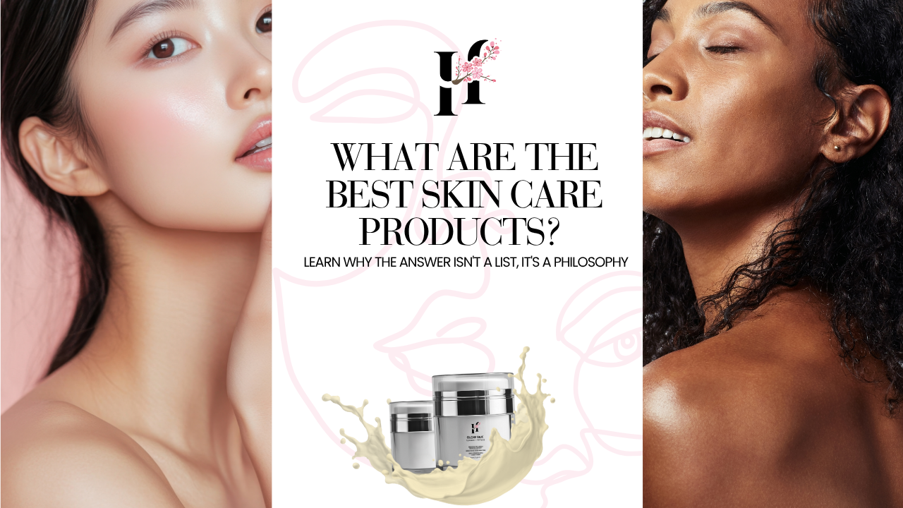 Promotional skincare graphic with two models showing glowing skin and HX products, introducing the philosophy behind what are the best skin care products.