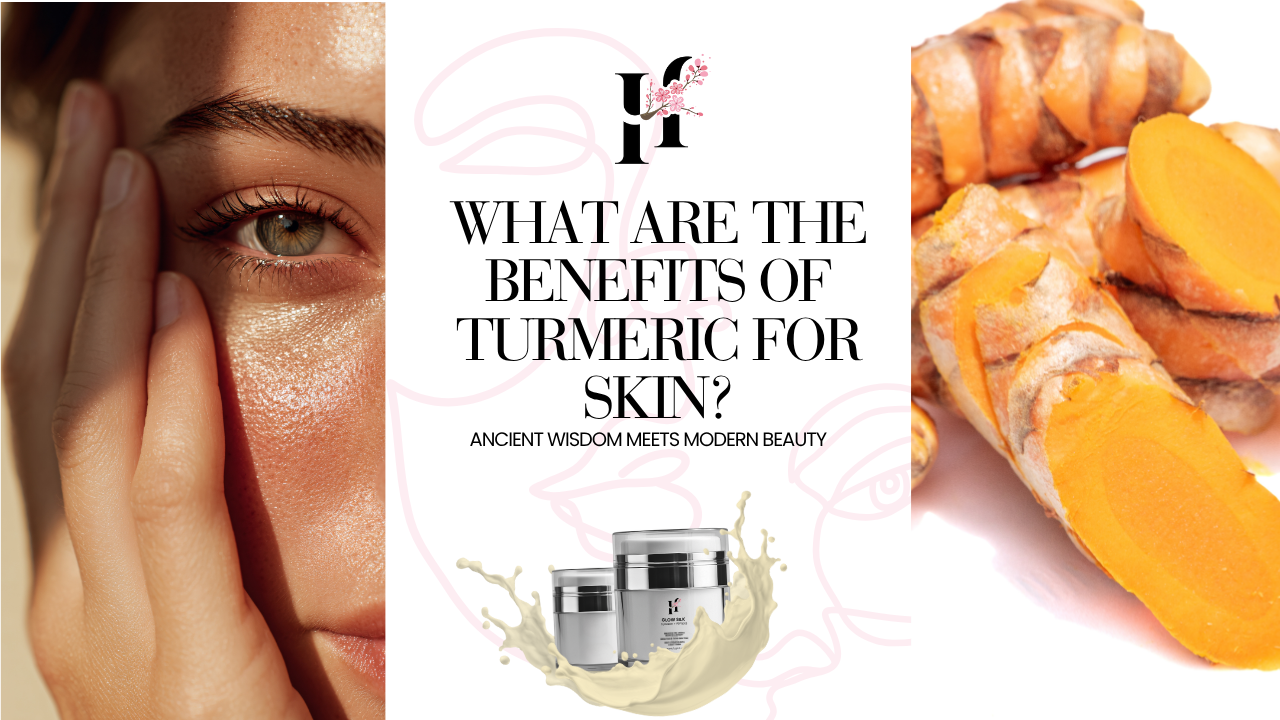 Promotional graphic showing glowing skin and turmeric roots, highlighting what are the benefits of turmeric for skin and how top professional skin care brands use it.