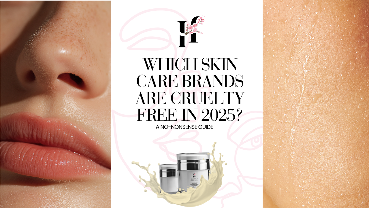 Promotional graphic with glowing skin models and skincare containers, highlighting which skin care brands are cruelty free and part of the best skin care lines in 2025.